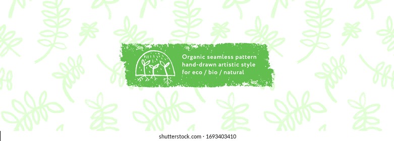 Healthy eating background. Vegetal pattern for banner design with hand-drawn green icons. Herbs backdrop. vector floral silhouettes for Eat healthy concept and organic farming, healthy food label.