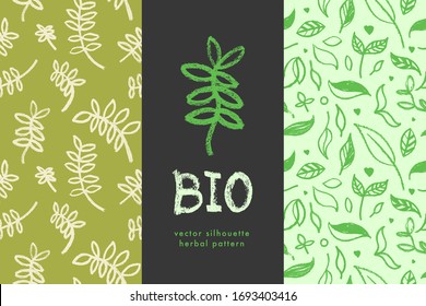 Healthy eating background. Vegetal pattern for banner design with hand-drawn green icons. Herbs backdrop. vector floral silhouettes for Eat healthy concept and organic farming, healthy food label.