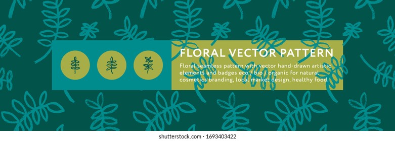 Healthy eating background. Vegetal pattern for banner design with hand-drawn green icons. Herbs backdrop. vector floral silhouettes for Eat healthy concept and organic farming, healthy food label.