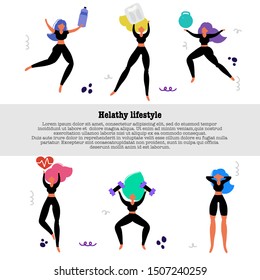 Healthy eating banner, girls in sport costumes with scales, fruit and vegetables. Concept of healthy eating, loosing weight and keep fit,  sport motivation.