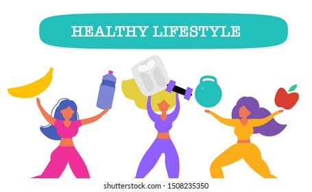 Healthy eating banner, girls in sport costumes with scales, fruit and vegetables. Concept of healthy eating, loosing weight and keep fit,  sport motivation.