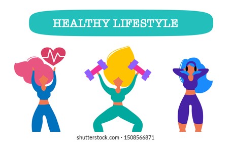 Healthy eating banner, girls in sport costumes with scales, fruit and vegetables. Concept of healthy eating, loosing weight and keep fit,  sport motivation.