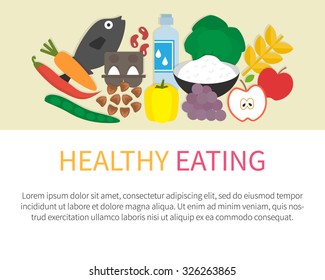Healthy eating banner. Healthy lifestyle concept and Food icons. Flat vector illustration. 