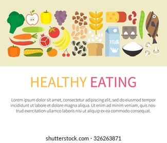 Healthy eating banner. Healthy lifestyle concept and Food icons set. Flat vector illustration. 