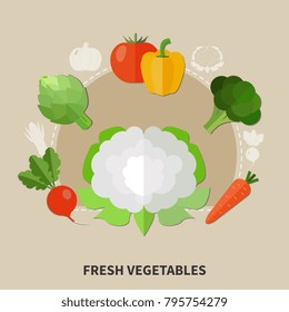 Healthy eating colored composition with flat style vegetables set and fresh vegetable headline vector illustration