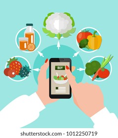 Healthy eating colored concept with round icon set combined around smartphone in female hands vector illustration