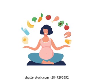 Healthy eating concept during pregnancy. A pregnant woman leads a healthy lifestyle and chooses healthy food. Flat cartoon vector illustration.