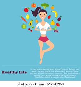 Healthy eating  concept with flat images fruits, vegetables and  girl doing yoga