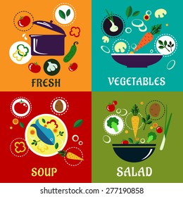 Healthy eating concept with fresh tomato, cucumber, broccoli, mushroom, potato, onion and herbs ingredients for the pot, a salad, a seafood soup and vegetable dish