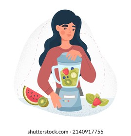 Healthy eating concept. Girl makes drink from fruits, vitamins and proper nutrition. Diet for weight loss and active lifestyle, sports and fitness, woman with blender. Cartoon flat vector illustration