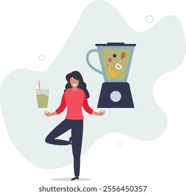 Healthy eating concept. Girl makes drink from fruits, vitamins and proper nutrition.flat characters.