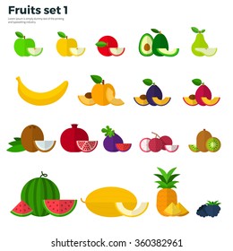 Healthy eating concept. Icons of tropical fruit and slices on white background: coconut, melon, papaya, plum. Vector flat illustrations for website, mobile, banners, brochures, book covers, layouts 