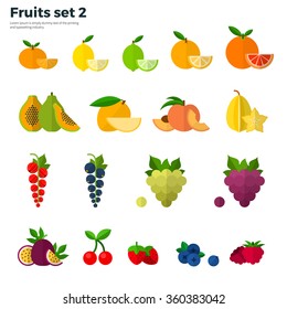 Healthy eating concept. Icons of tropical fruit and slices on white background: carambola, strawberry, papaya. Vector flat illustrations for website, mobile, banners, brochures, book covers, layouts 