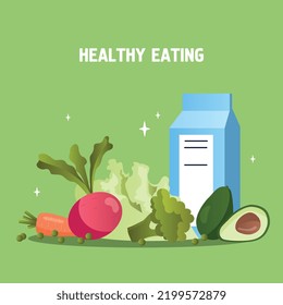 Healthy eating concept. Natural, fresh and organic products. Fruits, vegetables and milk. Avocado, carrot and cabbage. Vegetarianism, dieta, proper nutrition. Cartoon flat vector illustration