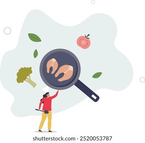 healthy eating concept.Character cooking fresh salad and other healthy meals from fresh vegetables and fish.flat design with people.