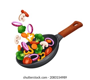 Healthy eating and cooking with various flying chopped vegetables ingredients, pan vector illustration