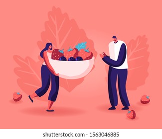 Healthy Eating, Cooking Vegetarian Food and Dieting Concept. Tiny People Eat Berries and Preparing Fruit Jam at Home, Holding Bowl with Strawberries and Blueberries. Cartoon Flat Vector Illustration