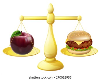 Healthy eating decision concept of an apple and burger on a set of scales