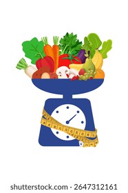 Alimentação saudável e conceito de dieta. Escalas com vegetais frescos em fundo branco. ilustração de stock