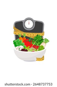Healthy eating and diet concept. Scales with Fresh vegetables on on white background. stock illustration.  Vector flat illustration stock illustration