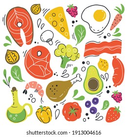 Healthy eating, diet, nutrition. Vector illustration of the elements of a healthy diet.