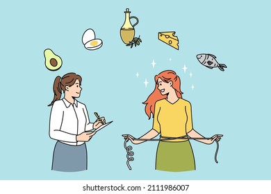 Healthy eating and dieting concept. Young woman doctor nutritionist standing and giving recommendations of diet healthy foods for slimming young woman vector illustration 