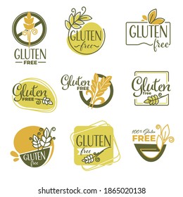 Healthy eating and dieting, healthcare and nutrition. Isolated gluten free labels with ear of wheat. Ingredients harmful for organism, provoking allergy or health problems. Vector in flat style