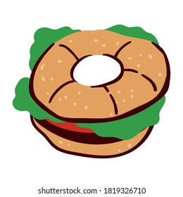 Healthy eating and dieting products, isolated icon of bun sprinkled with sesame. Sandwich with salad leaves, meat and tomato slices. Organic meal in diner or restaurant, vector in flat style