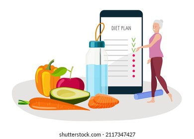 Healthy eating, drinking regime in old age. Elderly woman keeps to diet. Smartphone diet plan. Senior woman wearing sportswear completed items of list. Checklist on screen. Flat Vector illustration.