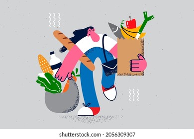 Healthy eating and feeling tired concept. Young stressed woman cartoon character carrying shopping bags full of fresh foods products ingredients feeling tired and exhausted vector illustration