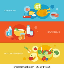 Healthy eating flat banner set with fruits and vegetables drinks low fat food isolated vector illustration