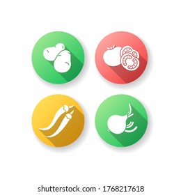 Healthy eating flat design long shadow glyph icons set. Raw potatoes for cooking. Fresh tomatoes to prepare sauce. Chili peppers. Ripe onion with sliced rings. Silhouette RGB color illustration