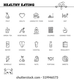 Healthy eating flat icon set. Collection of high quality outline symbols of healthy food for web design, mobile app. Vector thin line icons or logo of chiken, diet, portion, vegetable, fruit, water