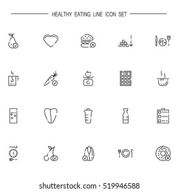 Healthy eating flat icon set. Collection of high quality outline symbols of healthy food for web design, mobile app. Vector thin line icons or logo of chiken, diet, portion, vegetable, fruit, water