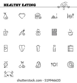Healthy eating flat icon set. Collection of high quality outline symbols of healthy food for web design, mobile app. Vector thin line icons or logo of chiken, diet, portion, vegetable, fruit, water
