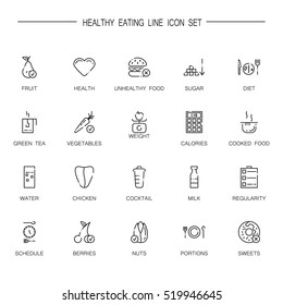 Healthy eating flat icon set. Collection of high quality outline symbols of healthy food for web design, mobile app. Vector thin line icons or logo of chiken, diet, portion, vegetable, fruit, water