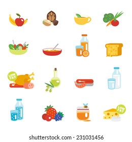 Healthy eating flat icons set with fruits nuts tea vegetables isolated vector illustration