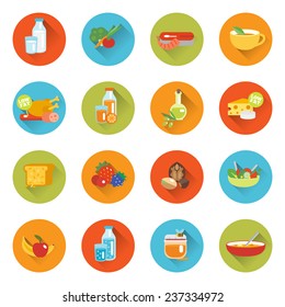 Healthy eating flat icons set with meat milk fish cheese isolated vector illustration