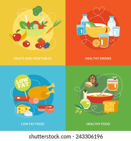 Healthy eating flat icons set with fruits and vegetables drinks low fat food isolated vector illustration