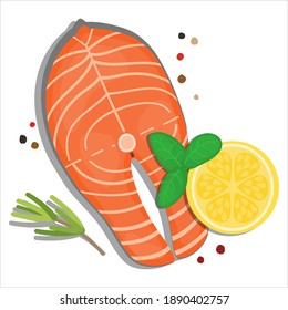 healthy eating and fresh diet ingredient concept illustration decoration flat lay top view isolated on white background. Salmon fillet, sliced lemon, rosemary twig, basil leaf,pepper,