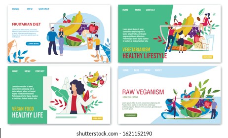 Healthy Eating, Fruitarian Diet, Vegetarianism, Raw Veganism, Vegans Food Advertising Trendy Flat Landing Page. Online Service for Consultation and Menu Selection. Vector Cartoon Illustration