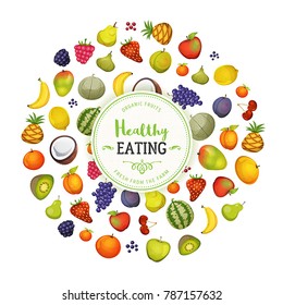 Healthy Eating With Fruits Background/
Illustration of a design healthy food banner, with various cartoon vegetables, condiments and floral decorative patterns