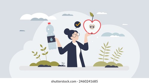 Healthy eating habits with fresh and organic ingredients tiny person concept. Drink water and eat meal full with vitamins, good fats or nutrition vector illustration. Organic choice for body wellness