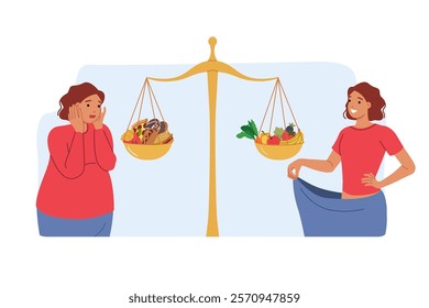 Healthy eating helped woman lose weight, standing near libra with junk food and useful vegetables or fruits. Fat girl got rid of belly fat and cellulite thanks to healthy eating or low-calorie diet