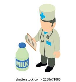 Vector isométrico del icono alimentario saludable. Un médico nutricionista y una botella de leche. Alimentos saludables, atención médica, dietología