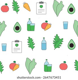 Healthy Eating Icon and Pattern Set  Flat Line Icons and Seamless Vector Pattern for Food and Nutrition
