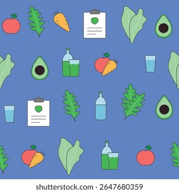 Healthy Eating Icon and Pattern Set  for Food and Nutrition on blue background