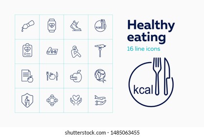 Healthy eating icon set. Set of line icons on white background. Apple, protection, diet, plate. Diet concept. Vector illustration can be used for topics like diet, fitness, healthy lifestyle
