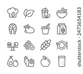 Healthy eating, icon set. Nutritious food choices for healthy lifestyle, Salad, fish steak, chicken, dairy products, plant-based milk, whole grains, keto diet, water, etc. Line with editable stroke