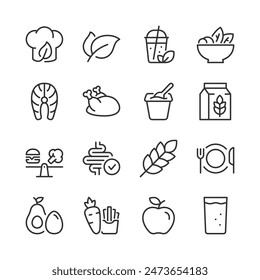 Healthy eating, icon set. Nutritious food choices for healthy lifestyle, Salad, fish steak, chicken, dairy products, plant-based milk, whole grains, keto diet, water, etc. Line with editable stroke